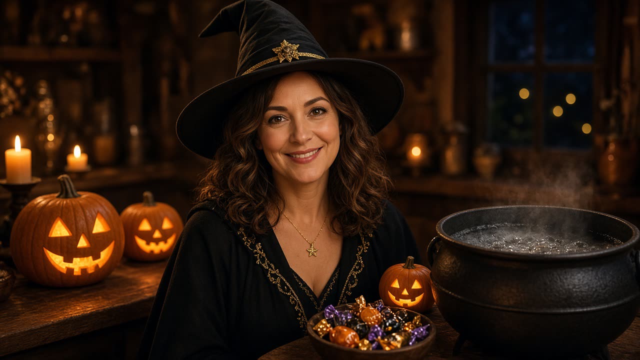A friendly good witch with her cauldron